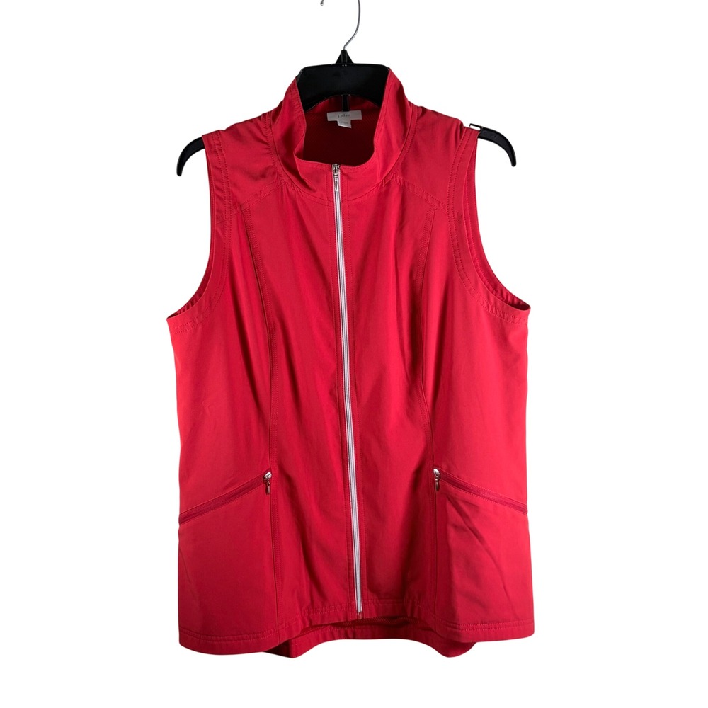 J Jill FIT Full Zip Mock Neck Athletic Vest Coral Red Stretch Mesh Lining M